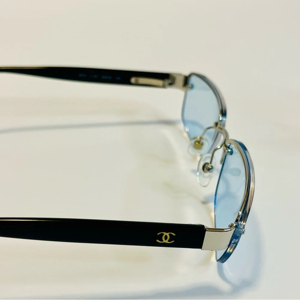 CHANEL 9221 Rimless Eyeglasses Frame Blue Lens Black Gold CC Unisex Made Italy - Picture 10 of 16